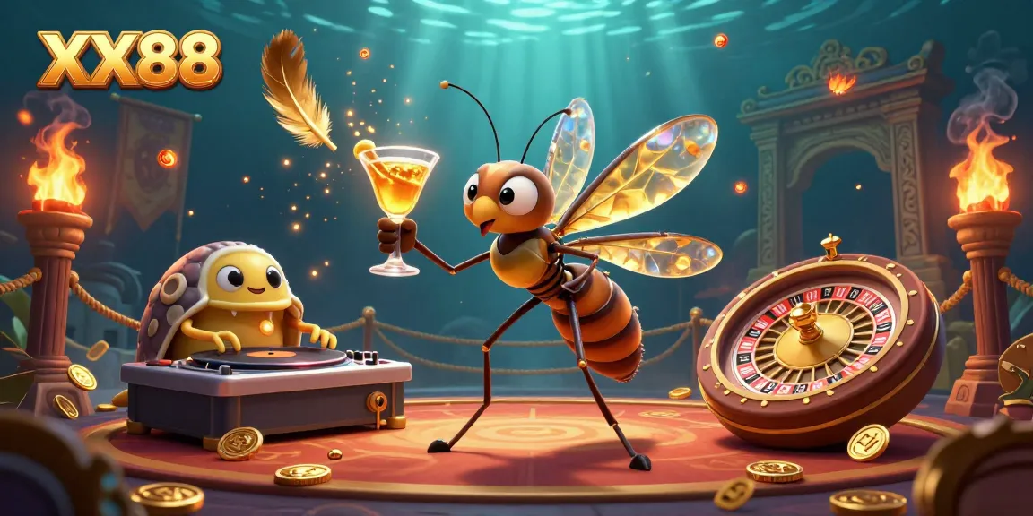 Experience the excitement of XX88 with a lively mascot, DJ, and roulette wheel in a vibrant casino scene.