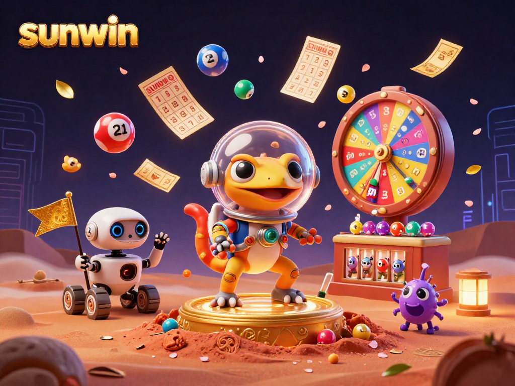 Explore winning strategies at sunwin with animated lottery balls, bingo, and a Martian gecko!