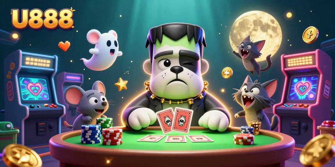 Deal cards with the U888 bulldog monster at a vibrant casino-themed table