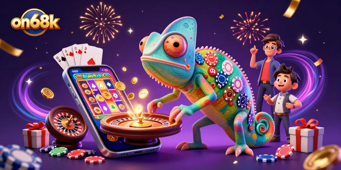 Experience the thrill at on68k with a vibrant chameleon casino illustration full of gold coins and gaming elements.