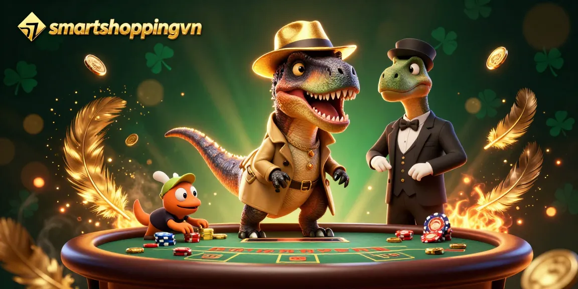 Smartshoppingvn showcases a thrilling blackjack showdown with a velociraptor counter, stegosaurus pit boss, and chip-stealing compy.