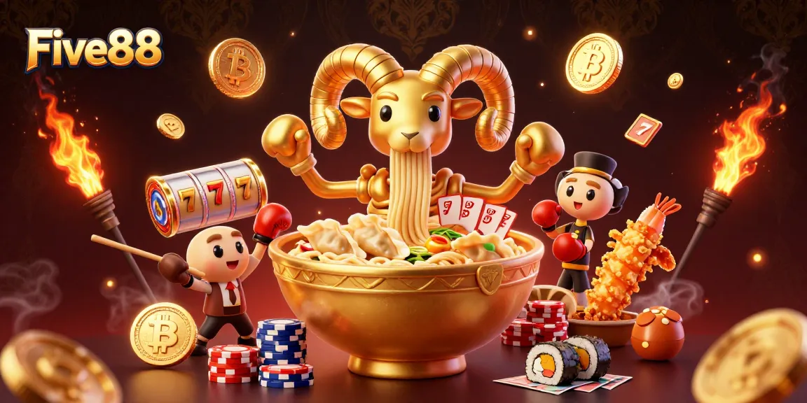 Five88 features an exciting casino scene with cartoon characters showcasing vibrant gameplay and rewards.