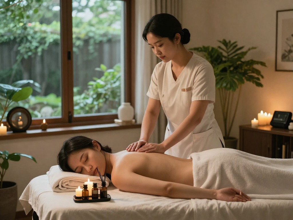 Relaxing 인천출장마사지 scene at home spa with a professional therapist and calming ambiance.