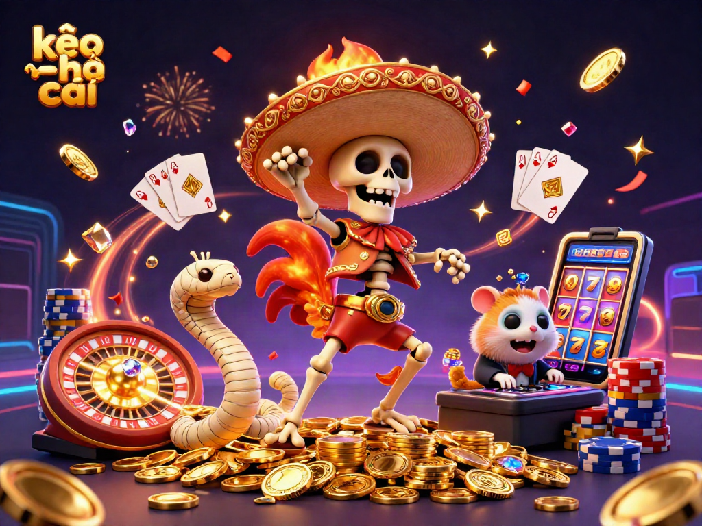Engage with kèo nhà cái in an energetic casino celebration illustration featuring dynamic characters and exciting game elements.